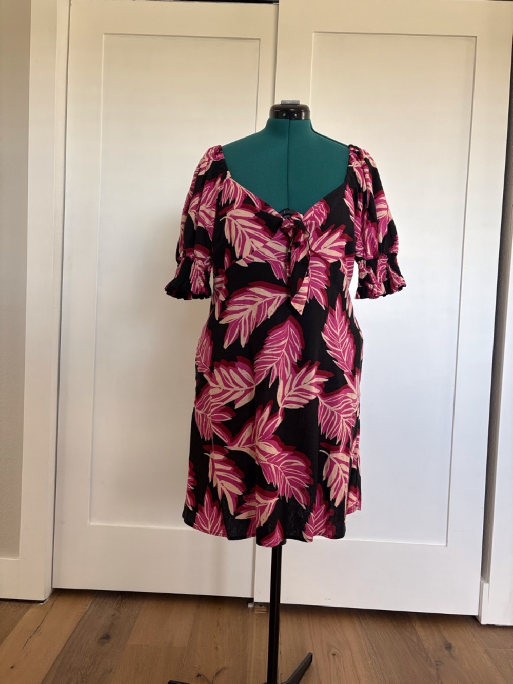 Who What Wear Black Mini Dress with Pink Leaf Print